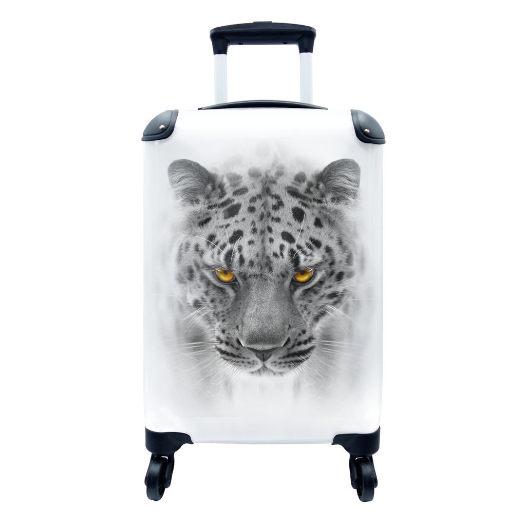 MuchoWow Koffer Handgepäck Trolley Rollkoffer Kleine Reisekoffer mit 4 Rollen - Leopard - Schwarz - Weiß - Tier - Cabin Size < 55x40x23 cm & 55...