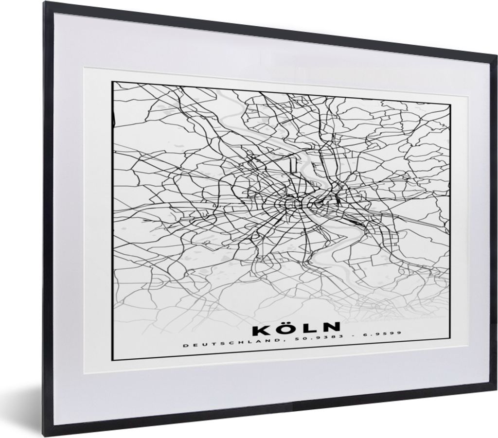 MuchoWow Gerahmtes Poster Karte - Köln - Karte - Stadtplan 40x30 cm - Poster mit Schwarzem Bilderrahmen Wandposter Rahmen Foto Bilder - Bilderra...