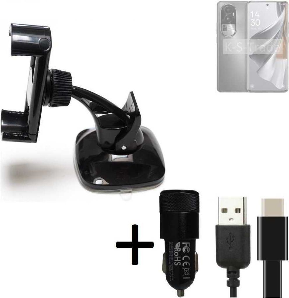 K-S-Trade Handy-Halterung kompatibel mit Oppo Reno10 Pro Windschutzscheibe / Armaturenbrett + LADEGERÄT mit Mico USB Kabel Autohalterung
