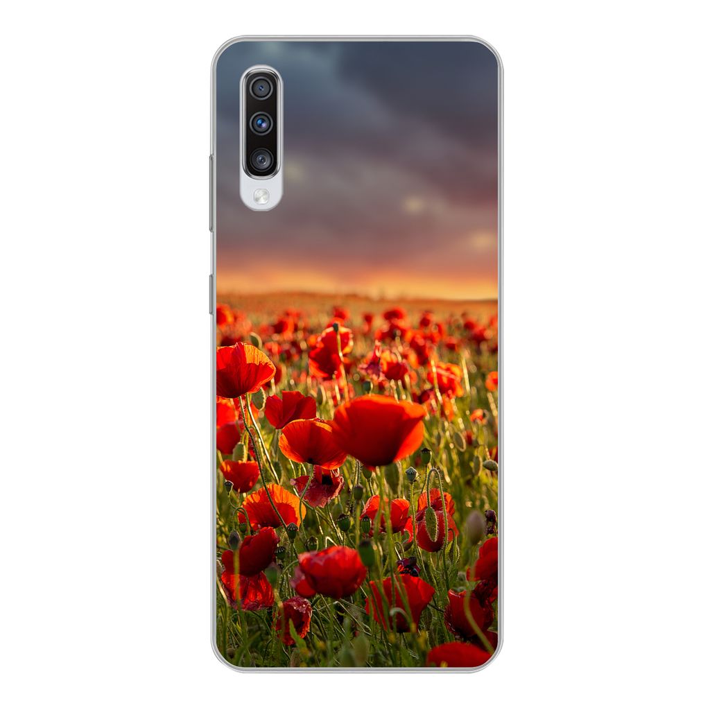 MuchoWow Handyhülle Schutzhülle Hülle für Samsung Galaxy A70 Sonnenuntergang über einem Feld von Mohnblumen Silikon Softcase Handy Hülle - ...