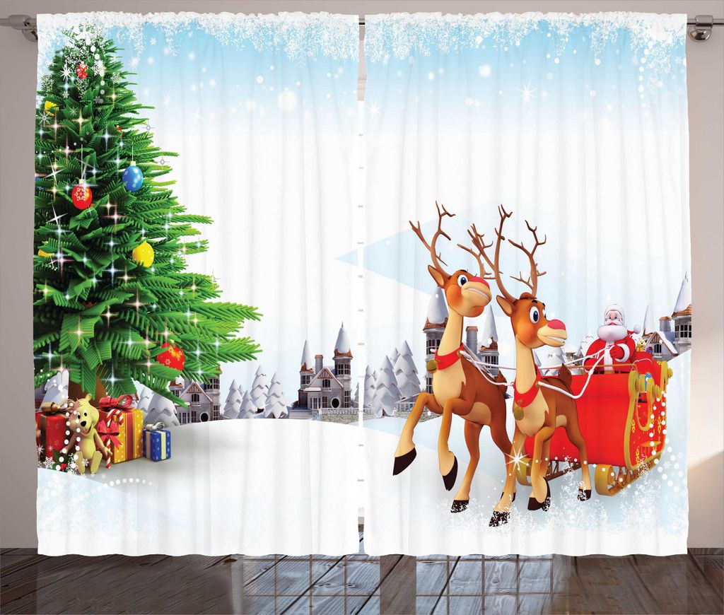 ABAKUHAUS Weihnachtsmann Rustikaler Vorhang, Snowy Dorf Sleigh Baum, Wohnzimmer Universalband Gardinen mit Schlaufen und Haken, 280 x 245 cm, Mehrf...