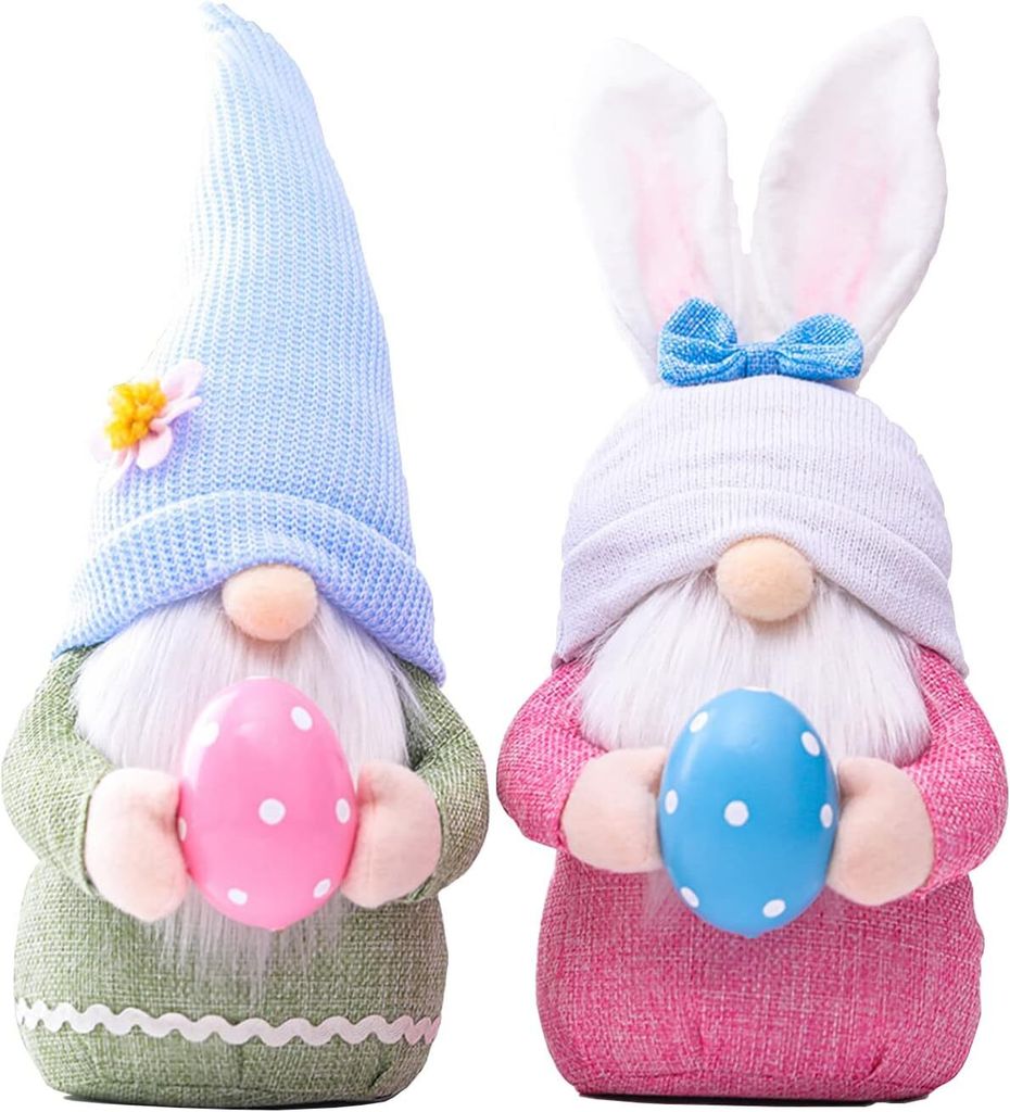 2 Stück dekorative Osterzwerge, handgefertigter Plüsch-Osterhasen-Zwerg mit Eiern, Osterhasen-Puppen für Osterdekoration, Frühling, Osterhasen-...