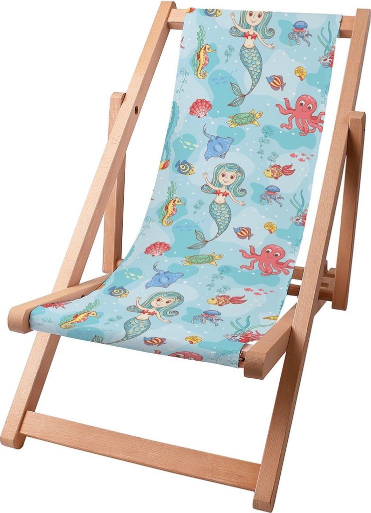 A beach chair with a mermaid pattern.