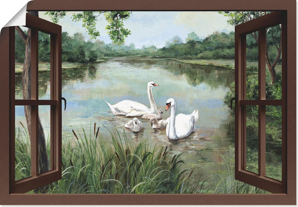 ARTland Poster Fensterblick - Schwäne, braun Größe: 100x70 cm