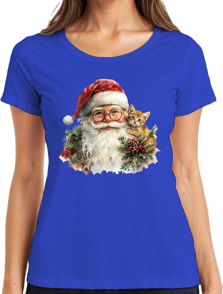 Weihnachtsmann Kätzchen Stechpalme Tannenzweig Zapfen Weihnachten Damen T-Shirt, Blau, XXL