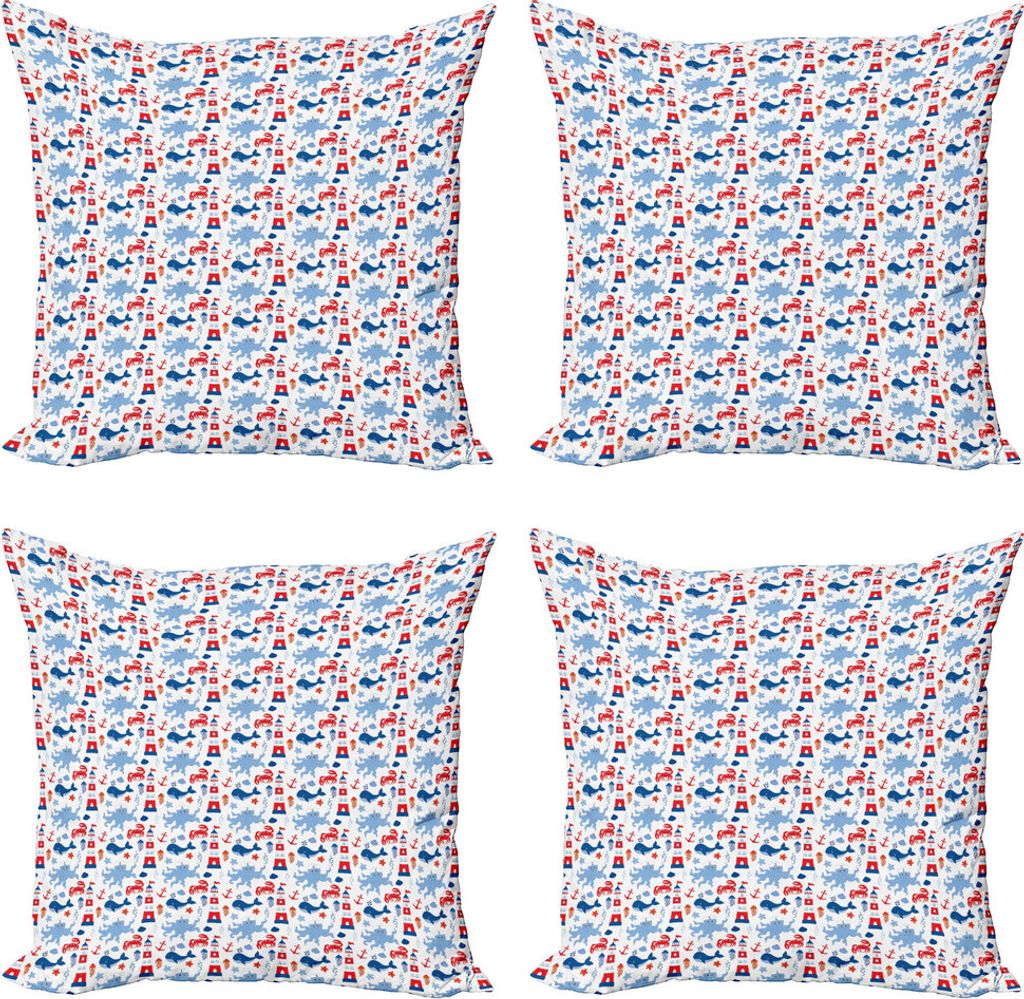 ABAKUHAUS Leuchtturm Kissenbezug Set (4 Stück), Tiermuster-Shell, Moderner Doppelseitiger Digitaldruck, 50 cm x 50 cm, Blau, Rot, Weiß