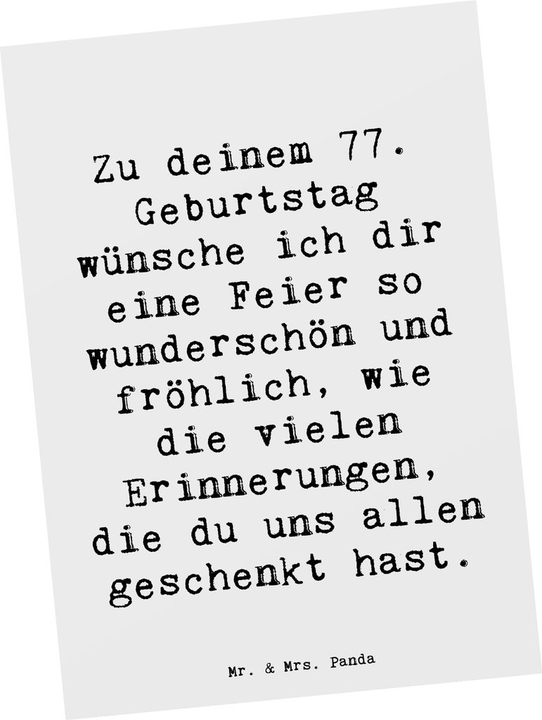 Mr. & Mrs. Panda Postkarte Spruch 77. Geburtstag - Weiß - Geschenk, Meilenstein, Alter, Fotokarte, Lebensfreude, Geburtstagsspruch, Happy Birthday...