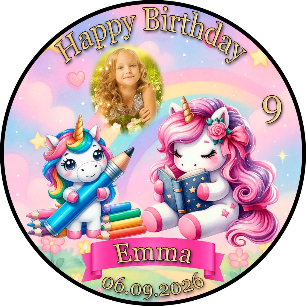 Tortenaufleger Tortendeko Fototorte Tortenbild Geburtstag Einschulung Einhorn Pferd Regenbogen FT22 (Zuckerpapier) Rund 20 cm Ø mit Foto