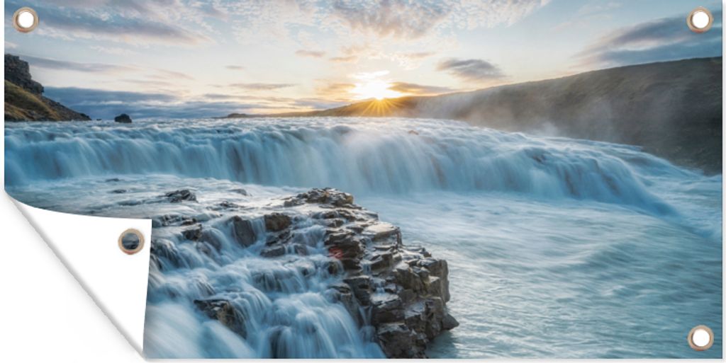MuchoWow 80x40 cm Outdoor-Poster Gartendeko Sichtschutz Garten Poster für den Garten Wasserfall - Wasser - Steine - Sonne - Natur