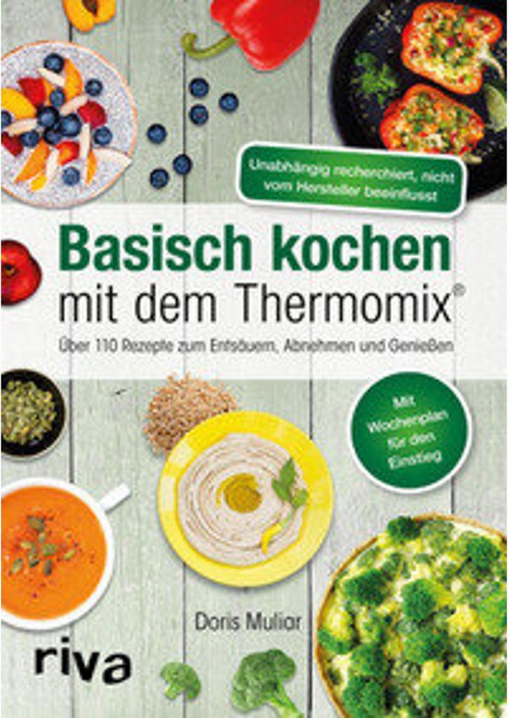 A cookbook cover featuring various healthy food dishes and text.