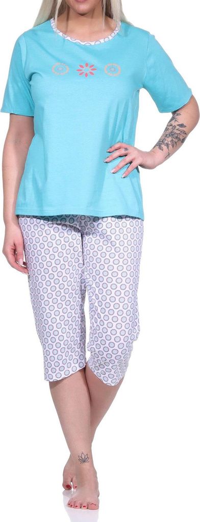 Damen Schlafanzug Capri, Pyjama mit Blümchen-Muster und Caprihose - 123 204 153 ; türkis , 36-38