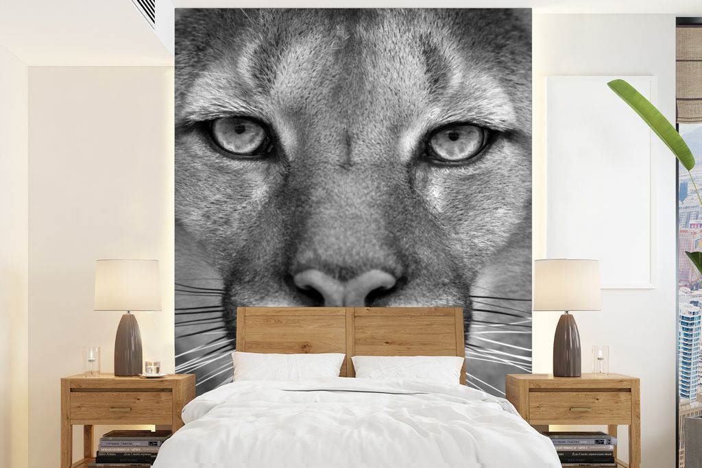 MuchoWow Fototapete für Wohnzimmer oder Schlafzimmer Wandtapete Vinyl Motivtapete Panther - Wildlife - Schwarz - Weiß - 195x260 cm - Wandbild