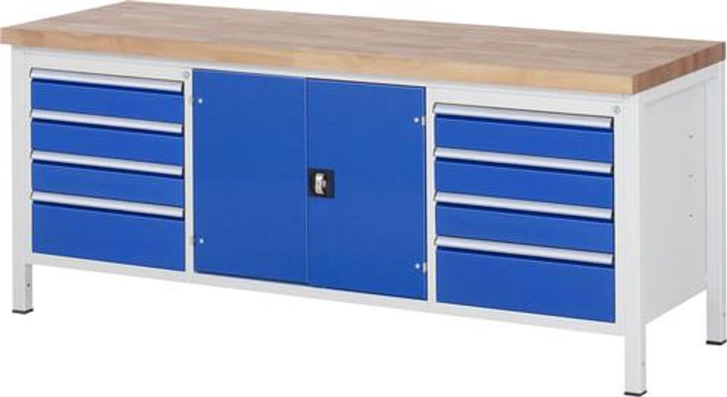 Werkbank mit Werkzeugfach - Vollauszug - 8 Schubladen - 120:6 / 180:2 - Höhe 840-1.040 mm - 2.000 x 700 mm (BxT) - Traglast 1.250 kg - Buche