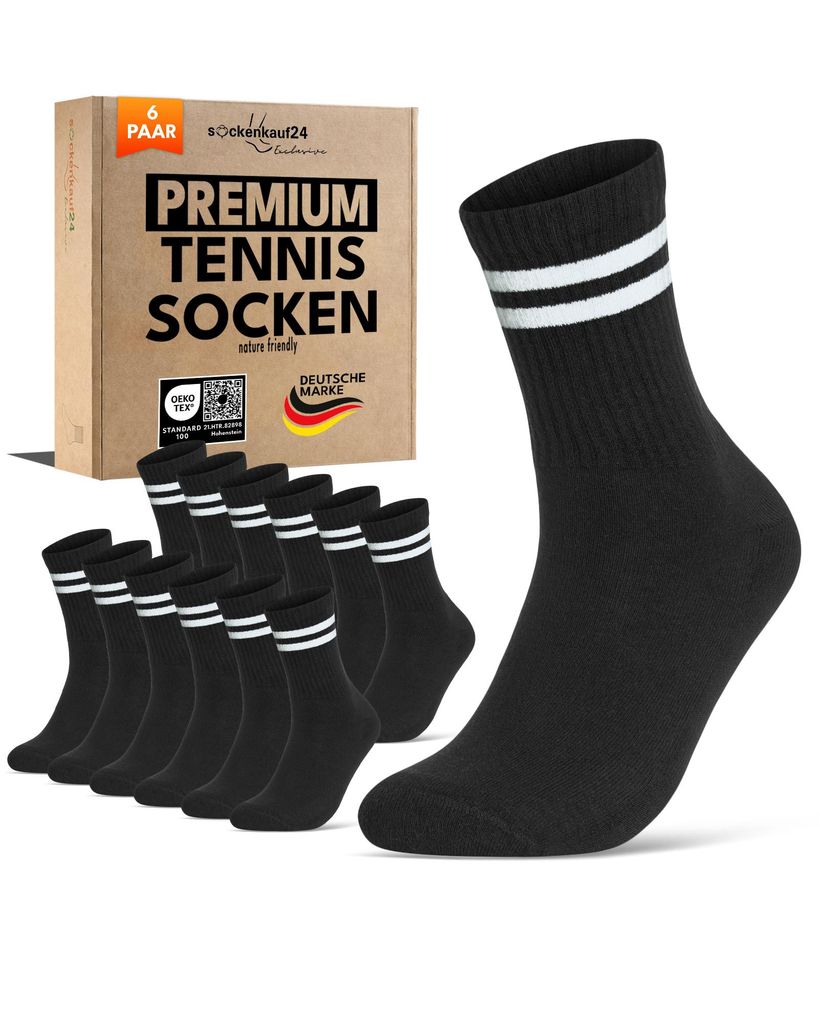 Sportsocken Herren Damen verstärkte Frotteesohle - 70107T Schwarz mit weißen Streifen 35-38 6 Paar