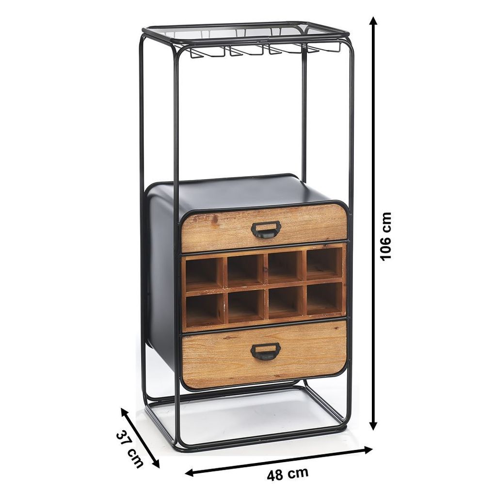 A freestanding wine rack with drawers and a glass top, shown against a white background with dimensions indicated.