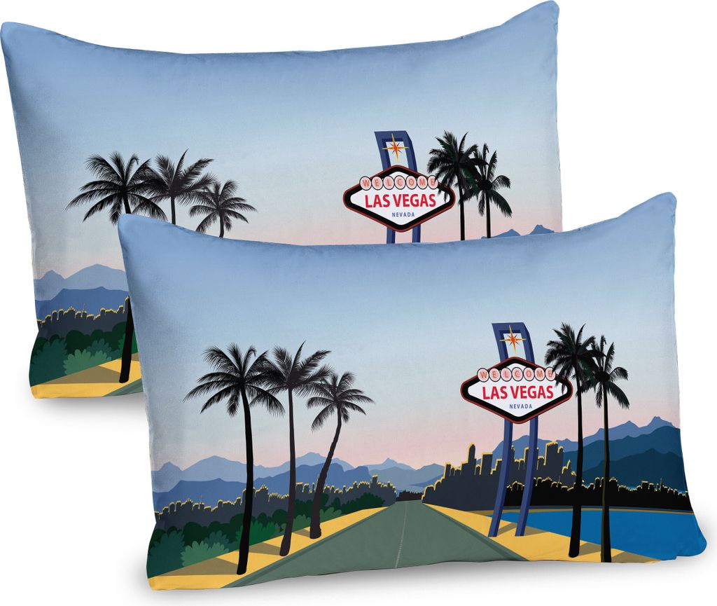 ABAKUHAUS Las Vegas Kissenbezug Packung mit 2, Silhouette der Stadt mit einem Welcome Sign Nevada State Amerika in Cartoon-Entwurf, Dekorativer Ged...