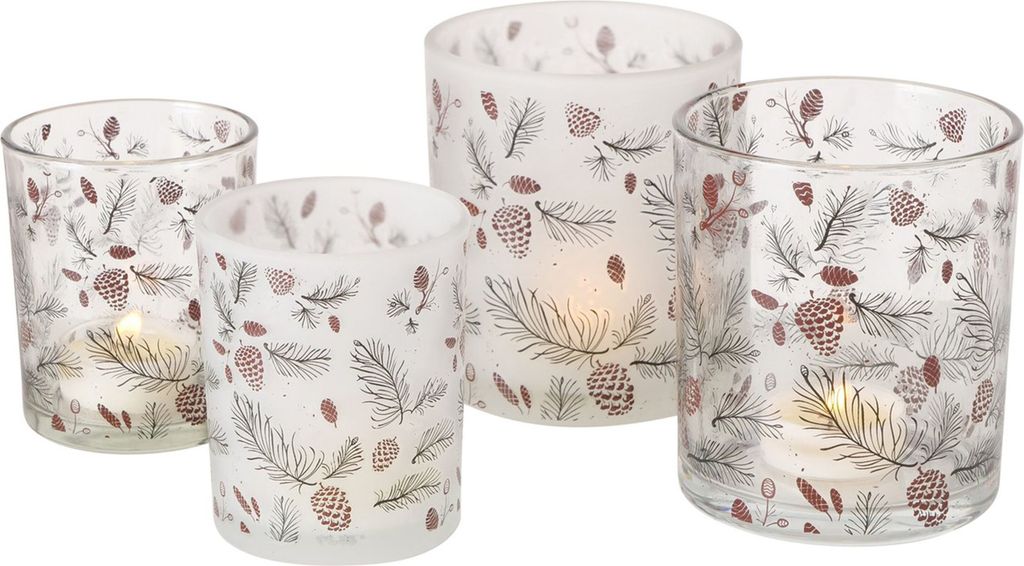 4tlg Set Windlicht Pino klar matt Zweige Zapfen Weihnachtskerzen Teelicht-Halter