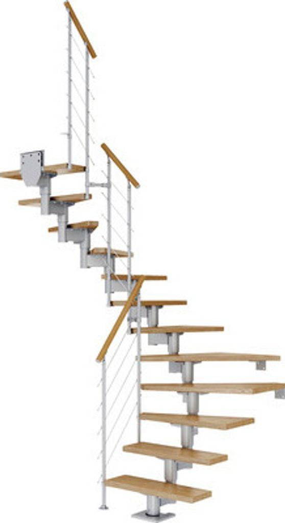 Pertura Mittelholmtreppe Chiron Eiche Leimholz Perlgrau 1/2-gewendelt 75 cm 12 Stufen / 13 Steigungen Relinggeländer Gra