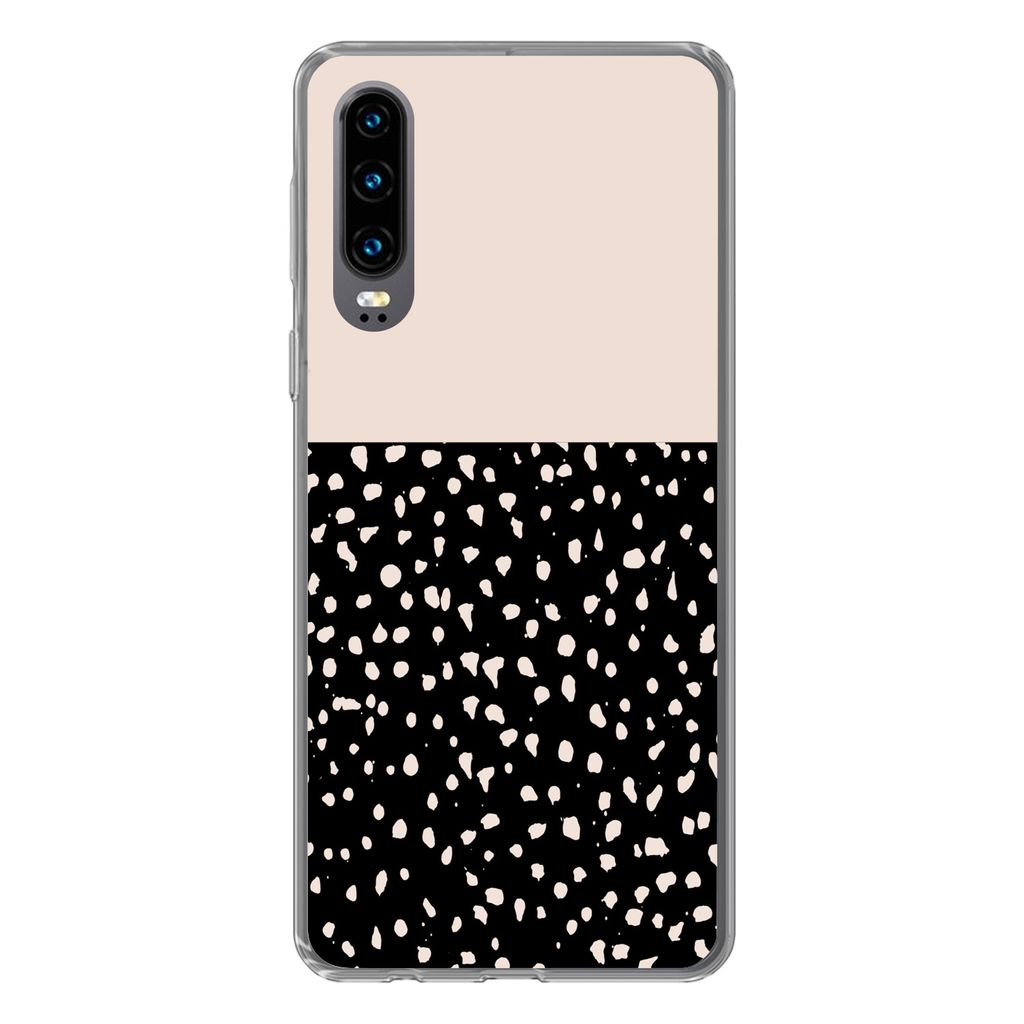 MuchoWow Handyhülle Schutzhülle Hülle für Huawei P30 Polka dots - Beige - Schwarz Silikon Softcase Handy Hülle - Kartenbesitzer