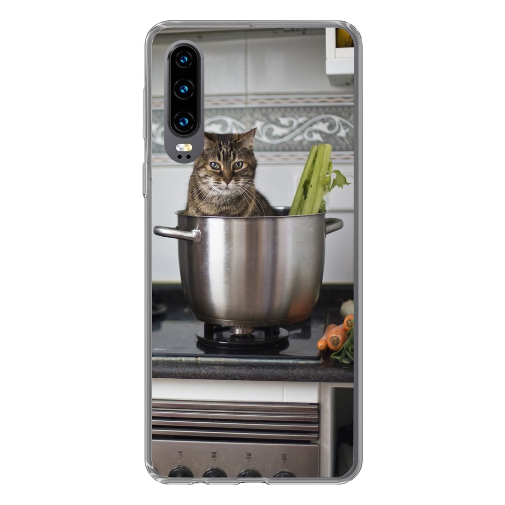 MuchoWow Handyhülle Schutzhülle Hülle für Huawei P30 Katze - Pfanne - Küche Silikon Softcase Handy Hülle - Kartenbesitzer