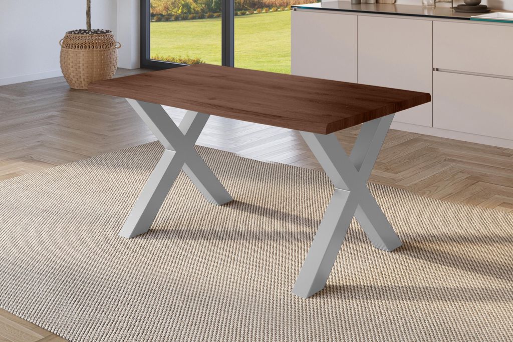 Esstisch Baumkante Holz-Optik Nussbaum 120 x 80 X-Gestell silber JULIUS