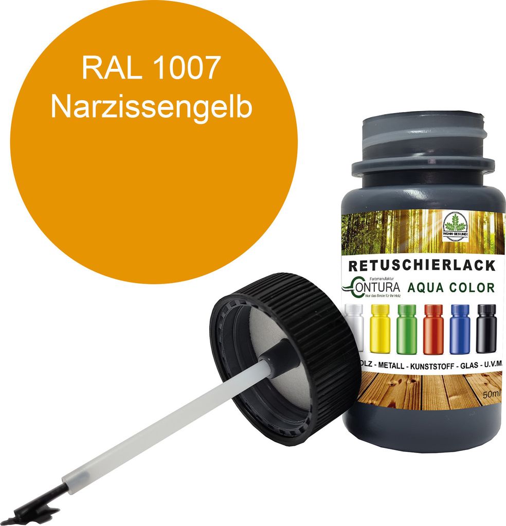 Reparaturlack Lackstift RAL Lack Pinselflasche 50ml. Farbe Holz Metall Möbel Auto Bad Retuschierlack - RAL 1007 Narzissengelb