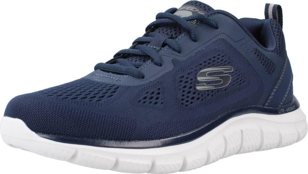 A single blue Skechers men's sneaker is shown from a side angle against a white background.