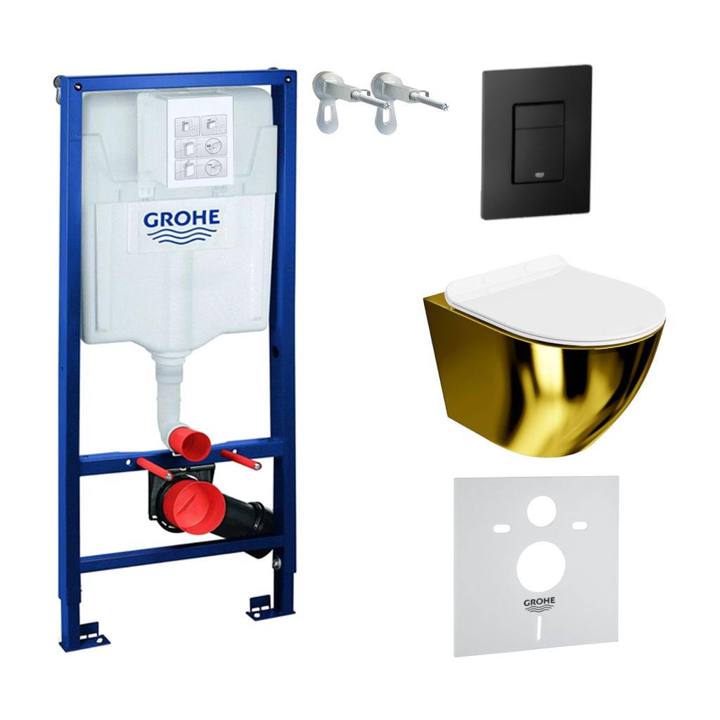 GROHE Vorwandelement Solido + Wand Hänge WC Sofi Slim Gold/Weiß Spülrandlos + WC-Sitz SoftClose | Schwarzer Knopf | Komplettset | Unterputz Spü...