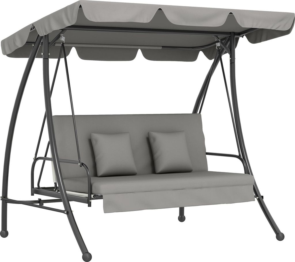 Hollywoodschaukel Gartenschaukel Schaukel Schaukelbank mit Liege-Funktion, 3 Sitzer, Metall+Polyester, Grau, 209 x 114 x 170 cm