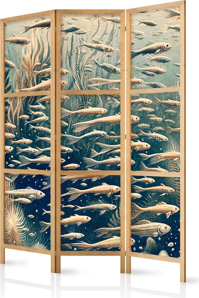 3-teiliger Einseitiger Vlies Japanischer Paravent - Life in the Ocean - Underwater World of Fish and Vegetation in Beige and Navy Retro Style 135x1...
