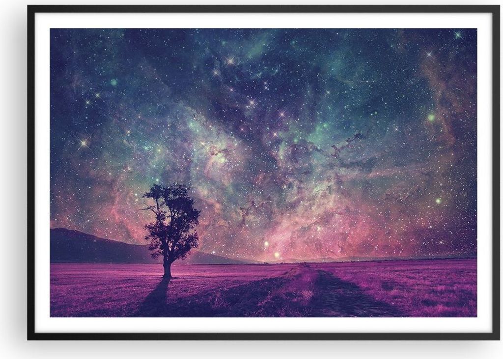 Gerahmtes Poster - Schwarzer Rahmen - Kosmos Baum Wiese - 100x70 cm - Wand Bild - Wanddeko - Wandbilder - Kunstposter - Wandposter - Bilderrahmen -...