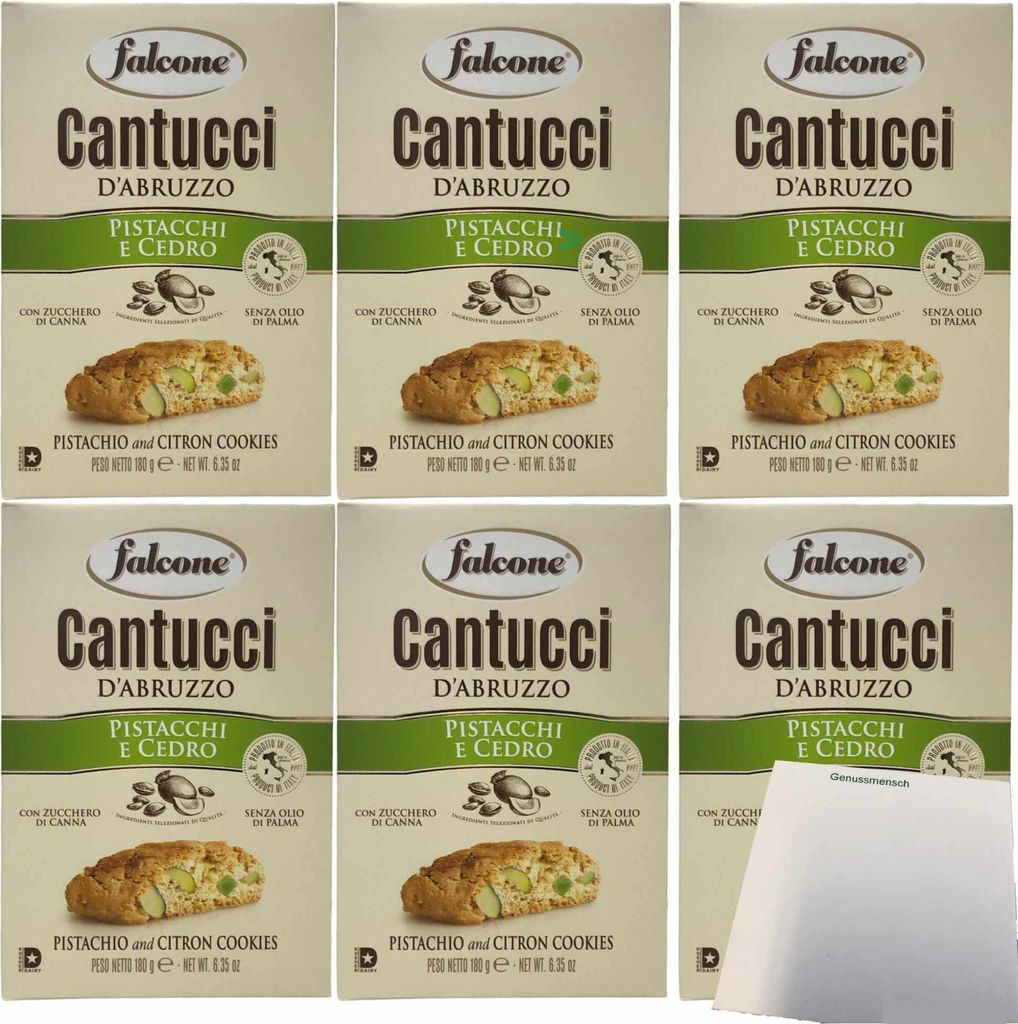 Falcone Cantuccini al Pistacchio e Cedro Cantuccini mit Pistazien Ceder-Zitrone 6er Pack (6x180g Packung) + usy Block