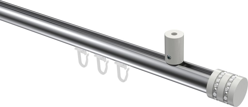Interdeco Innenlaufstange / Gardinenstange mit Innenlauf Chrom / Weiß, Typ Sonius Estana (Glitzerkappe) Deckenmontage, 20 mm Ø 1-läufig, 200 cm