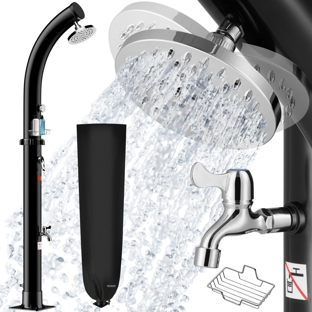 A black outdoor shower with water spraying from the showerhead and a black protective cover.
