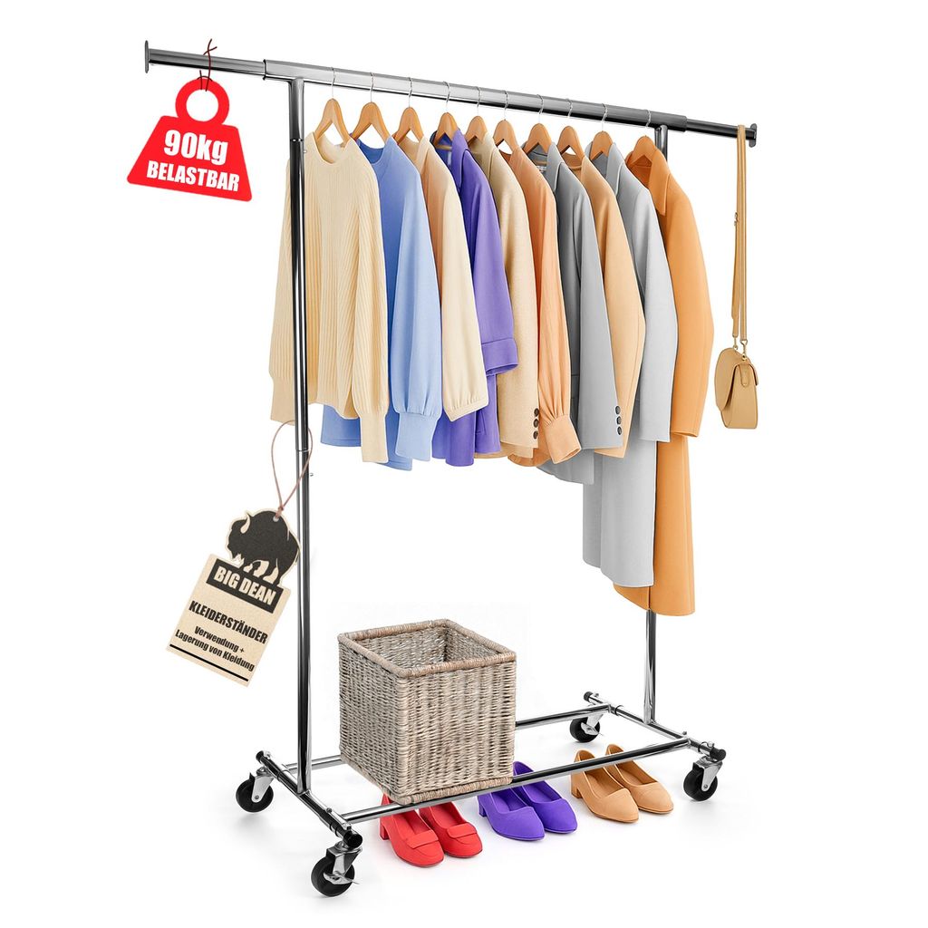 BigDean Kleiderständer auf Rollen 90kg belastbar ausziehbare Kleiderstange Kleiderständer in Sekunden aufgebaut