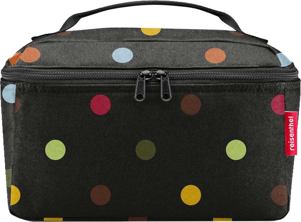 A black cosmetic bag with colorful polka dots.