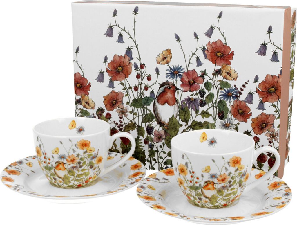 DUO FLORAL 2er-Set Espressotassen 90 ml WILD BIRD mit Untertassen, New Bone China Porzellan