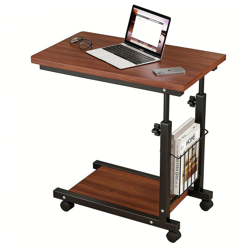 Beistelltisch, C-förmiger Sofatisch, verstellbar Beistelltisch mit Aufbewahrungskorb und unterer Ablagel, Laptoptisch, Couchtisch auf Rollen Braun