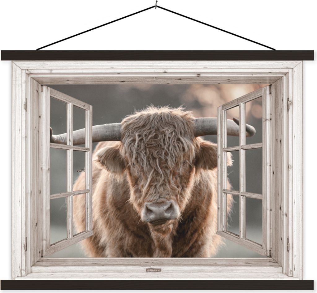 MuchoWow Textilposter Schottisches Hochlandrind - Holz - Ansicht 120x90 cm mit schwarzem Rahmen - Aufhänger für Poster