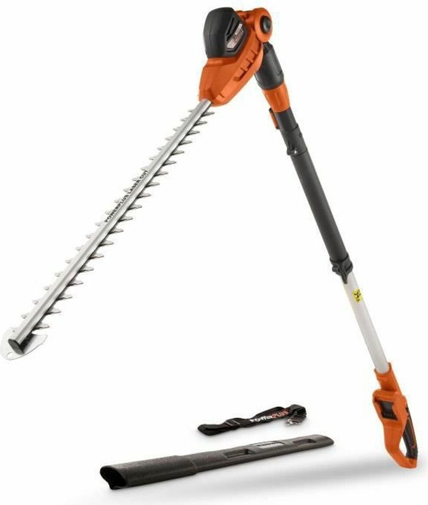 A pole hedge trimmer with its accessories laid out on a white background.