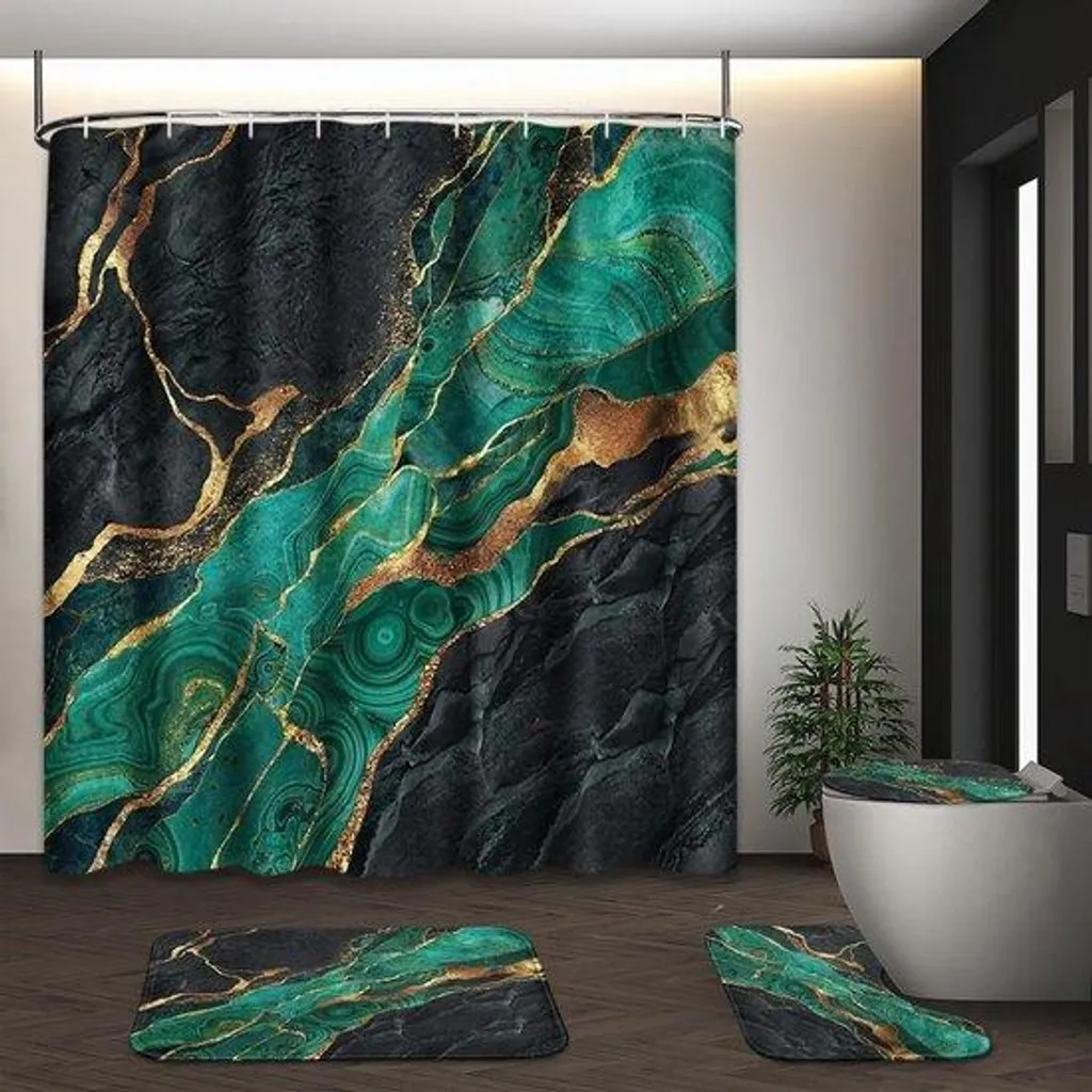 Rénover votre déco de salle de bain : Ensemble rideau et tapis Vert et Or
