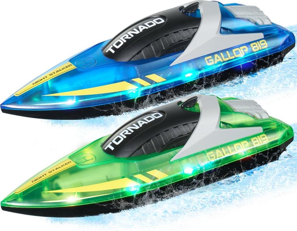 RC Boat, 2 Pack 2.4GHz 12 km/h, Remote Control Boat for Pools & Lakes, Racing Boat with LED Light, 4 Rechargeable Batteries, Whole Body Waterproof,...