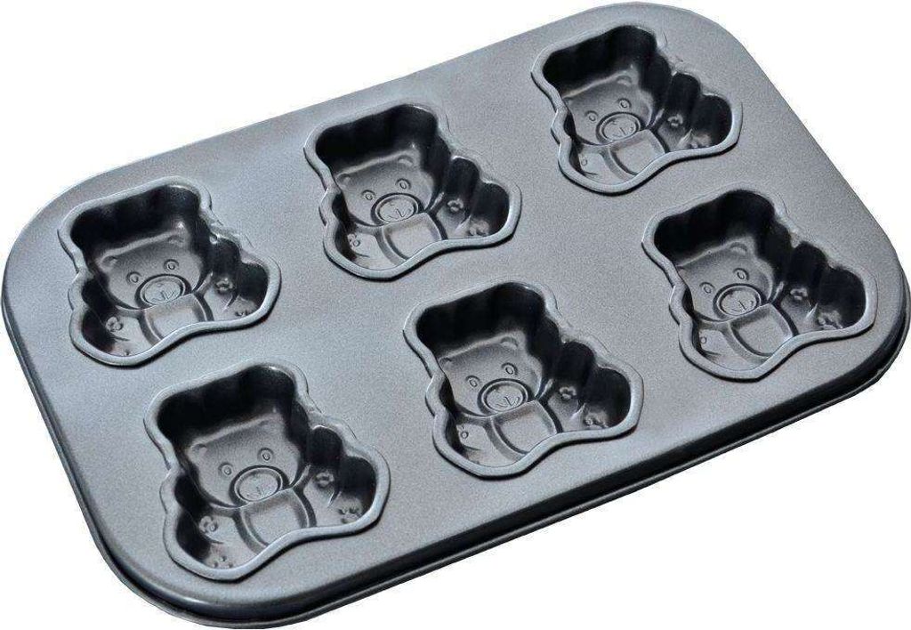 A gray baking pan with six teddy bear-shaped molds.