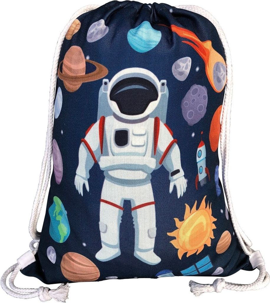 HECKBO Kinder Turnbeutel mit Astronaut Weltraum Motiven Uni | Kindergarten, Krippe, Reise, Sport | geeignet als Gymsack, Rucksack, Spieltasche, S...