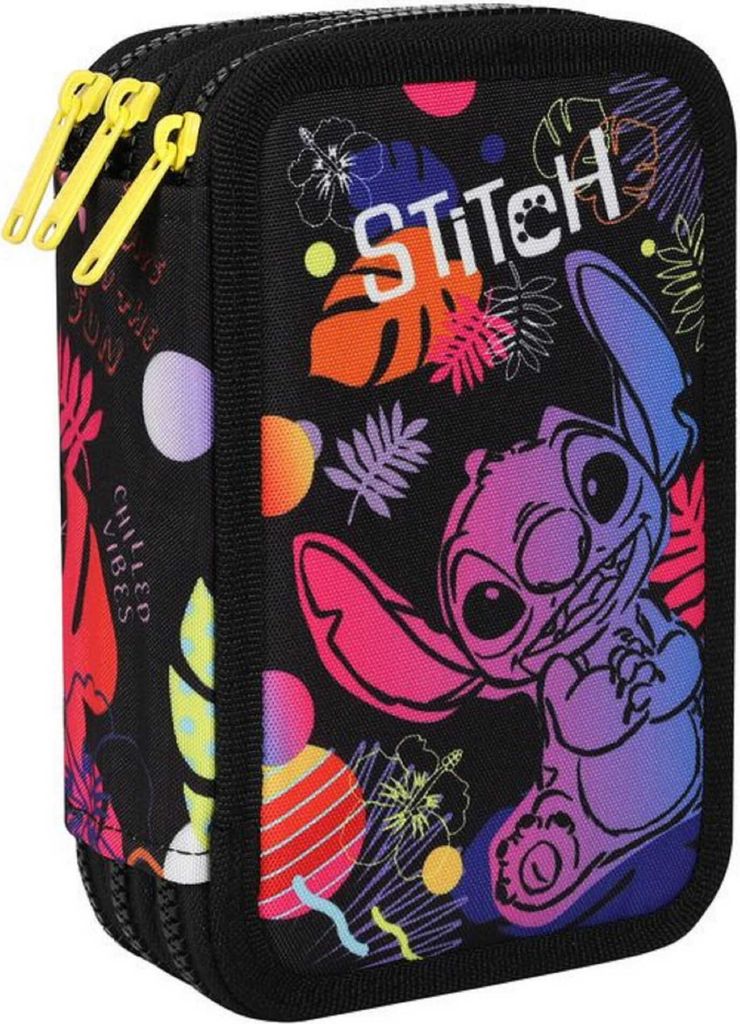 A close-up view of a colorful pencil case featuring the character Stitch.