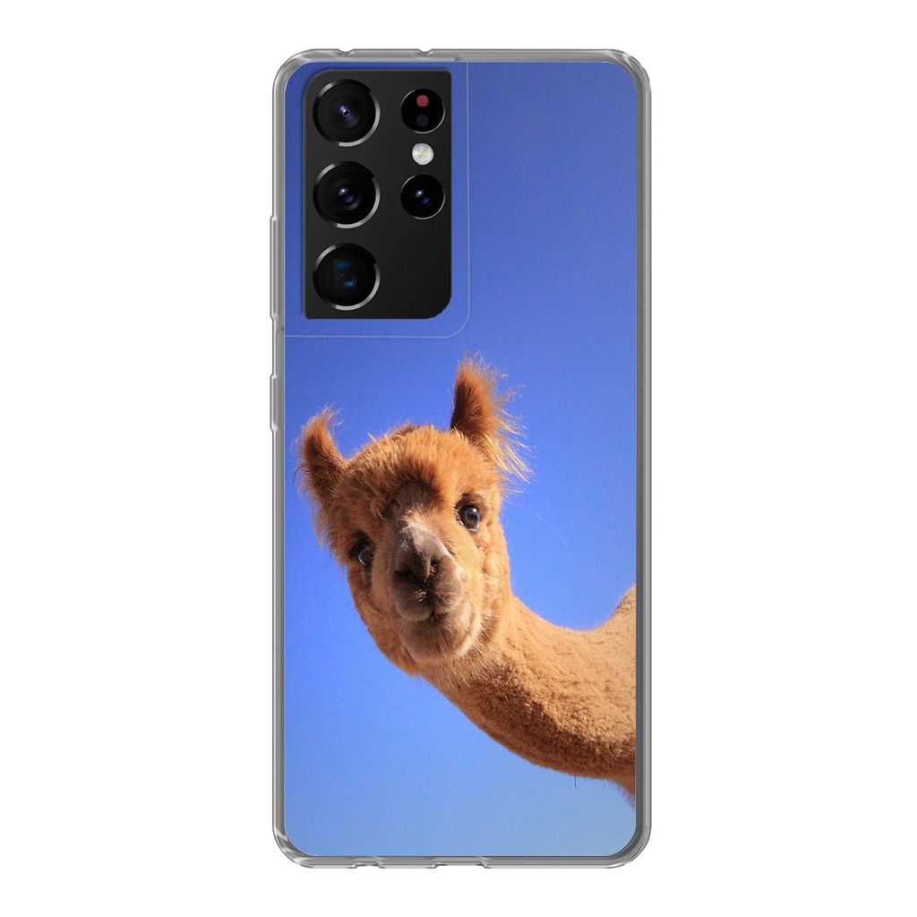 MuchoWow Handyhülle Schutzhülle Hülle für Samsung Galaxy S21 Ultra Alpaka - Braun - Blau Silikon Softcase Handy Hülle - Mobiltelefon
