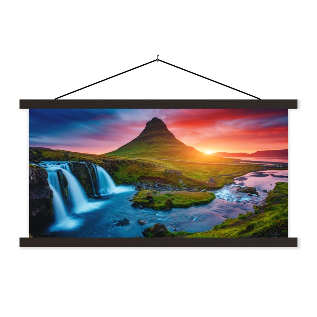 MuchoWow Textilposter Wasserfall - Berg - Moos - Sonnenuntergang - Natur 60x30 cm mit schwarzem Rahmen - Textilien