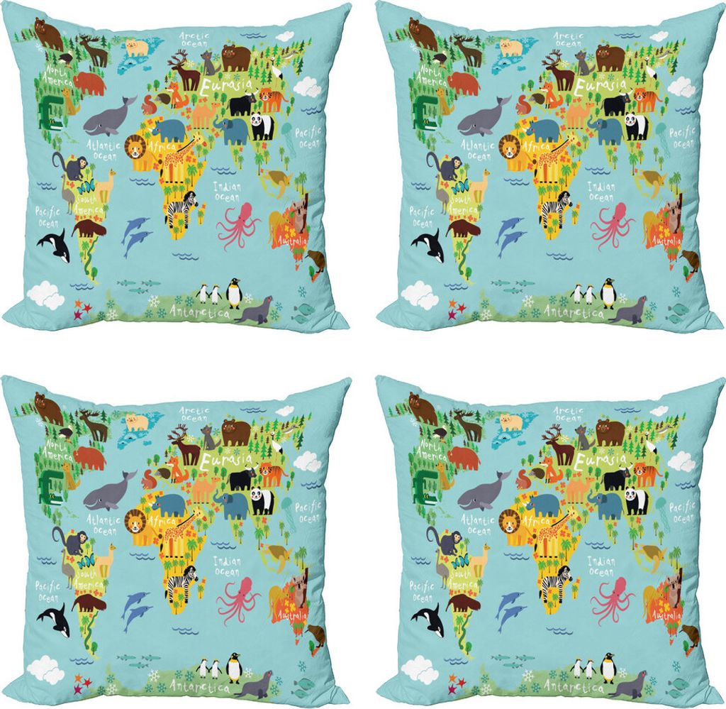 ABAKUHAUS Fernweh Kissenbezug Set (4 Stück), Tier Karte der Welt, Moderner Doppelseitiger Digitaldruck, 45 cm x 45 cm, Blassblau Gelb Grün
