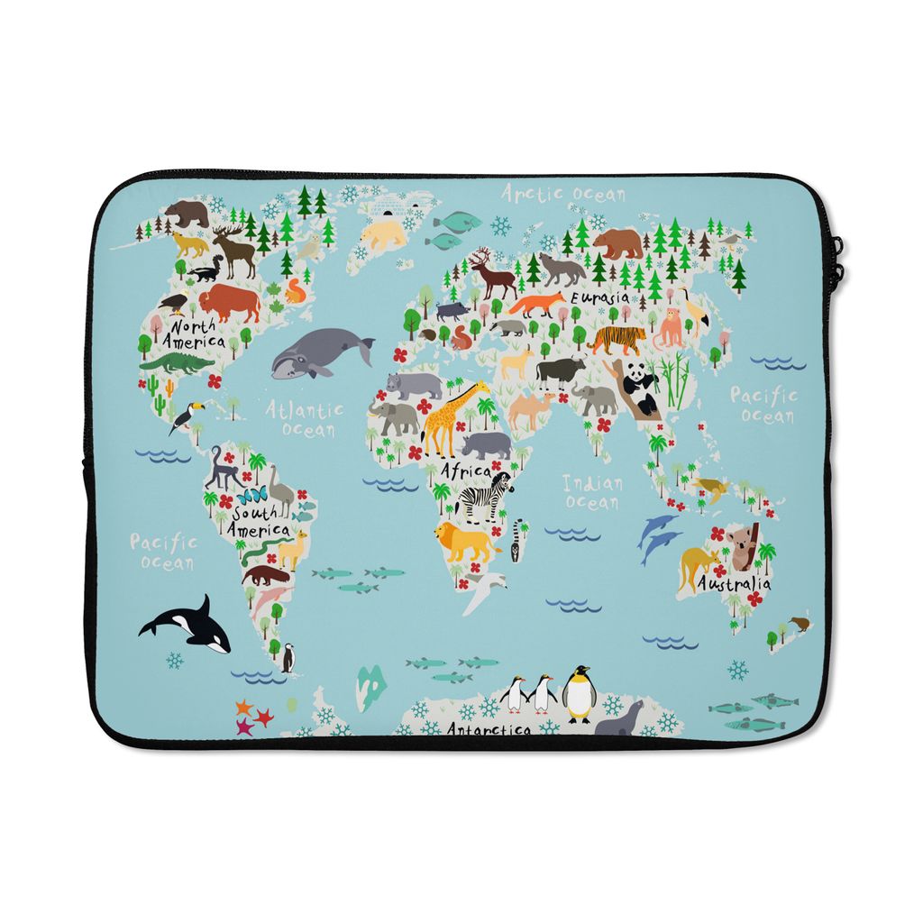 MuchoWow Laptop Hülle 17 Zoll Laptoptasche Welt - Karte - Kinder - Tiere - Blau - Jungen - Zipper - Schutzabdeckung