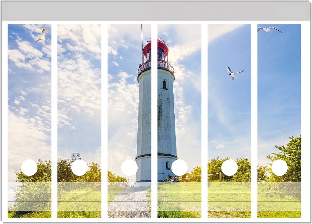Wallario Ordnerrücken Sticker, selbstklebend für breite Ordner, 6 Stück, Motiv Leuchtturm auf Hiddensee bei Sonnenschein